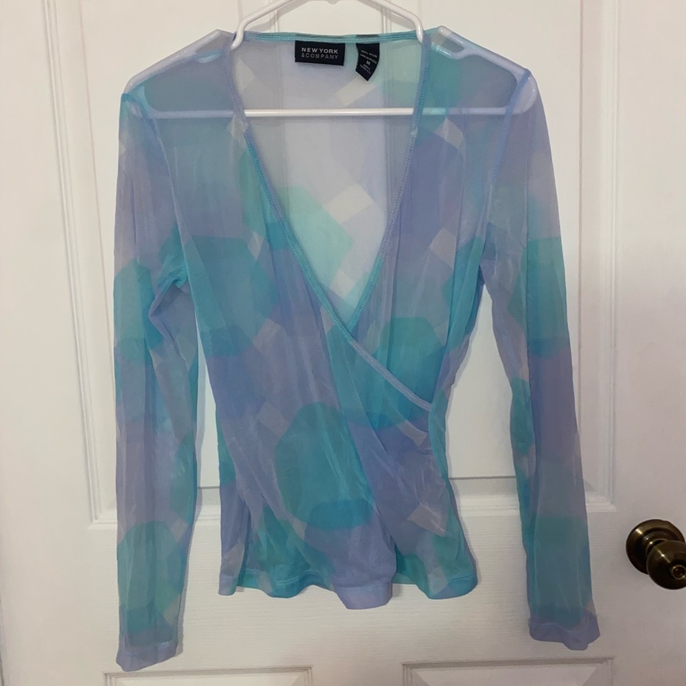 New York & Company Y2K Vintage Blue Mesh Sheer Wrap Top Long Sleeve Euphoria